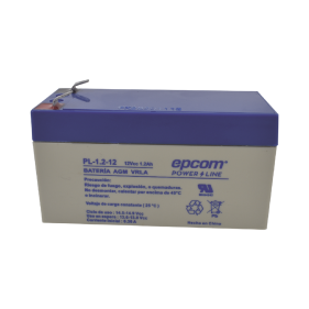 Epcom Powerline PL-1.2-12 Battery AGM / VRLA, 12 Vcd, 1.2 Ah. For use in applications of electronic security systems backup. Dimensions : 3.82 x 2.05 x 1.69 in